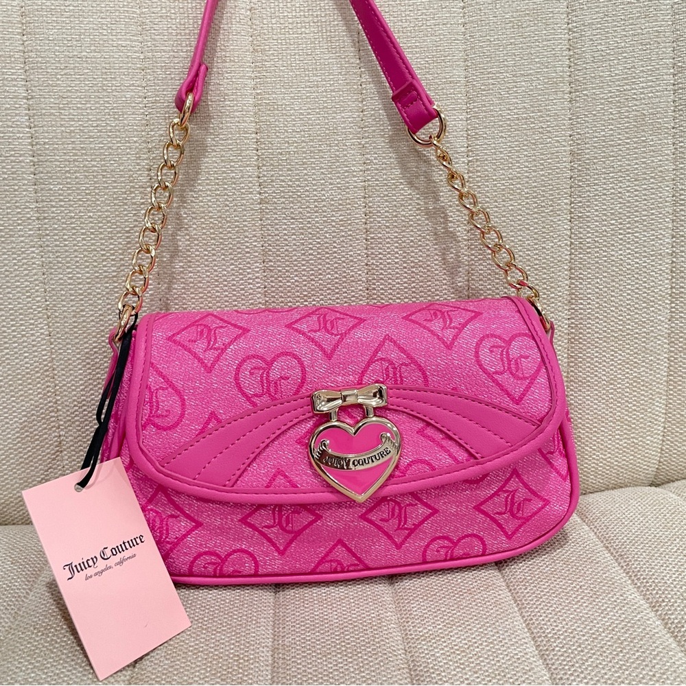 NEW Juicy Couture Hot Pink Monogram Heart Logo Flap Shoulder Bag Y2K Barbiecore